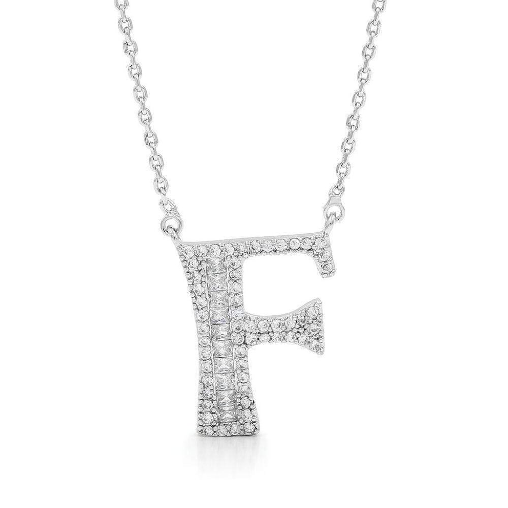 Silver CZ Initial Name Letter "F" Elegant Necklace